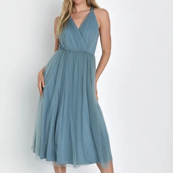 Lulus | Dresses | Lulus Elegant Ambiance Slate Blue Tulle Aline Midi Dress  Nwot | Poshmark